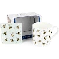 Bee Mug & Coaster Gift Set - Scattered Bumblebees by Rhiannon Chauncey - Bone China Mug and Glass Coaster Set - Tea/Coffee Present