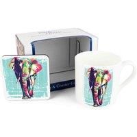 Elephant Mug & Coaster Gift Set - Colourful Bone China Mug and Cork Coaster Set - Tea/Coffee Present