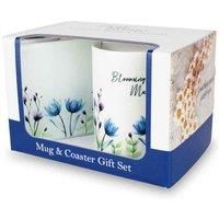 Mum Mug & Coaster Gift Set - Blooming Lovely Mum Flowers Bone China Mug and Glass Coaster Set - Tea/Coffee Present