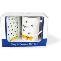 Bee Mug & Coaster Gift Set - Bee Happy Bumblebees & Flowers Bone China Mug and Glass Coaster Set - Tea/Coffee Present