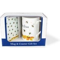 Bee Mug & Coaster Gift Set - Bee Mine Bumblebees & Flowers Bone China Mug and Glass Coaster Set - Tea/Coffee Present