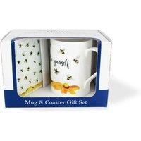 Bee Mug & Coaster Gift Set - Bee Yourself Bumblebees & Flowers Bone China Mug and Glass Coaster Set - Tea/Coffee Present