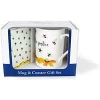 Bee Mug & Coaster Gift Set - Bee Positive Bumblebees & Flowers Bone China Mug and Glass Coaster Set - Tea/Coffee Present