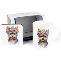 Purely Home Yorkie Dog Mug & Coaster Gift Set - Flower Crown Yorkshire Terrier Bone China Mug and Cork Coaster Set - Tea/Coffee Present for Dog Lovers