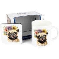 Purely Home Pug Dog Mug & Coaster Gift Set - Flower Crown Bone China Mug and Cork Coaster Set - Tea/Coffee Present for Dog Lovers