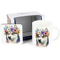 Purely Home Husky Dog Mug & Coaster Gift Set - Flower Crown Bone China Mug and Cork Coaster Set - Tea/Coffee Present for Dog Lovers