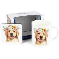 Purely Home Golden Retriever Dog Mug & Coaster Gift Set - Flower Crown Bone China Mug and Cork Coaster Set - Tea/Coffee Present for Dog Lovers