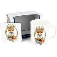 Purely Home Fox Mug & Coaster Gift Set - Flower Crown Bone China Mug and Cork Coaster Set - Tea/Coffee Present for Animal Lovers