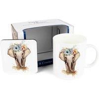 Purely Home Elephant Mug & Coaster Gift Set - Flower Crown Bone China Mug and Cork Coaster Set - Tea/Coffee Present for Animal Lovers