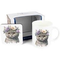 Purely Home Cat Mug & Coaster Gift Set - Flower Crown British Short Hair Cat Bone China Mug and Cork Coaster Set - Tea/Coffee Present for Cat Lovers