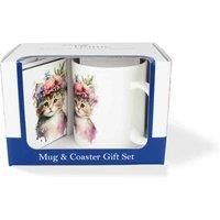 Purely Home Cat Mug & Coaster Gift Set - Flower Crown Kitten Bone China Mug and Cork Coaster Set - Tea/Coffee Present for Cat Lovers
