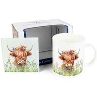Highland Cow Mug & Coaster Gift Set - Flower Crown Brown Cow Bone China Mug and Glass Coaster Set - Tea/Coffee Present