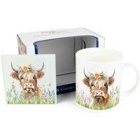 Highland Cow Mug & Coaster Gift Set - Flower Crown Blonde Cow Bone China Mug and Glass Coaster Set - Tea/Coffee Present