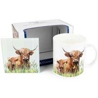 Highland Cow Mug & Coaster Gift Set - Mum & Calf Bone China Mug and Glass Coaster Set - Tea/Coffee Present
