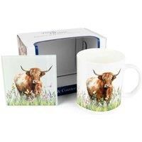 Highland Cow Mug & Coaster Gift Set - Brown Cow Bone China Mug and Glass Coaster Set - Tea/Coffee Present
