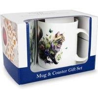 Purely Home Cat Mug & Coaster Gift Set - Floral Butterflies Bone China Mug and Glass Coaster Set - Tea/Coffee Present for Cat Lovers