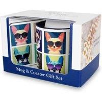 Purely Home Dog Mug & Coaster Gift Set - Cool Pets Retro Ceramic Cup and Cork Coaster Set - Tea/Coffee Present for Dog Lovers