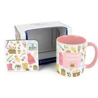 Purely Home Gardening Mug & Coaster Gift Set - Assistant Gardener Pink Tulips Ceramic Cup and Cork Coaster Set - Tea/Coffee Present for Gardeners