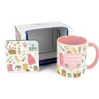 Purely Home Grandma Mug & Coaster Gift Set - Gardening Gift Pink Tulips Ceramic Cup and Cork Coaster Set - Tea/Coffee Present for Mothers Day