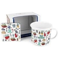 Purely Home Head Gardener Mug & Coaster Gift Set - Wellies & Wheelbarrows Enamel Mug and Cork Coaster Set - Tea/Coffee Present for Gardeners