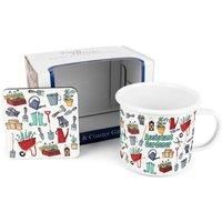 Purely Home Assistant Gardener Mug & Coaster Gift Set - Wellies & Wheelbarrows Enamel Mug and Cork Coaster Set - Tea/Coffee Present for Gardeners