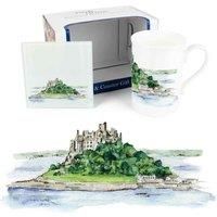 St Michaels Mount Mug & Coaster Gift Set - British Landmarks by Rhiannon Chauncey - Bone China Mug and Glass Coaster Set - Tea/Coffee Present