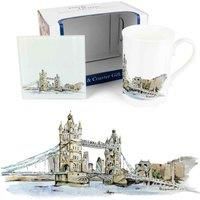 Tower Bridge Mug & Coaster Gift Set - British Landmarks by Rhiannon Chauncey - Bone China Mug and Glass Coaster Set - Tea/Coffee Present