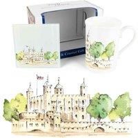 Tower of London Mug & Coaster Gift Set - British Landmarks by Rhiannon Chauncey - Bone China Mug and Glass Coaster Set - Tea/Coffee Present
