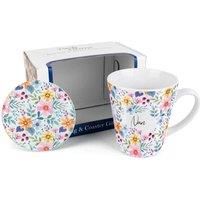 Purely Home Mug & Coaster Gift Set for Nan - Multicolour Flowers Ceramic Latte Cup and Glass Coaster Set - Tea/Coffee Present for Mothers Day