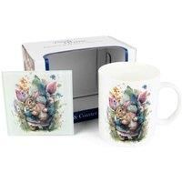 Gnome Mug & Coaster Gift Set - Flowers & Bunnies Bone China Mug and Glass Coaster Set - Tea/Coffee Present