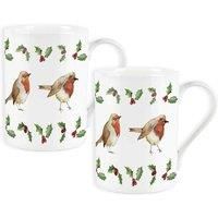 Purely Home Small Robins & Holly Bone China Mugs - Set Of 2