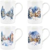 Purely Home Christmas Town morning Evening Night & Day Bone China Mugs - Set Of 4