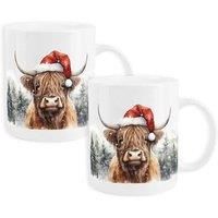Purely Home Set Of 2 Christmas Highland Cow Chaldon Bone China Mugs