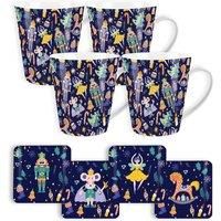 Purely Home Set Of 4 Christmas Mouse & Nutcracker Bone China Mug & Coasters