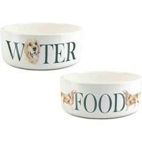 Golden Retriever Pet Bowl Set - Food & Water Ceramic Food Bowls - Large White Feeding Dishes For Dogs (Set of 2)