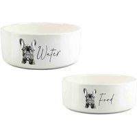 Frenchie Pet Bowl Set - Black Sketch French Bulldog Food & Water Ceramic Food Bowls - Small & Large White Feeding Dishes For Dogs (Set of 2)