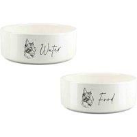 Cat Pet Bowl Set - Black & White Portrait Food & Water Small Ceramic Food Bowls