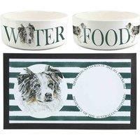 Australian Shepherd Bowls & Mat Set - Large White Ceramic Food/Water Dish Gift