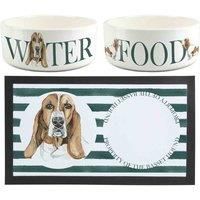 Basset Hound Pet Bowls & Mat Set - Large White Ceramic Food & Water Dishes Gifts