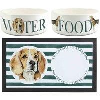 Beagle Dog Bowls & Mat Set - Large White Ceramic Food & Water Dishes Pet Gifts