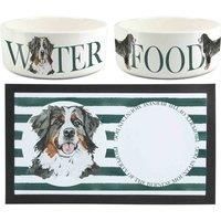 Bernese Mountain Dog Pet Bowls & Mat Set - Painted Dog Portraits by Rhiannon Chauncey - Large White Ceramic Food & Water Dishes and Non-Slip Rubber Mat For Dogs (Set of 3)