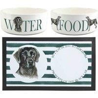 Black Labrador Dog Bowls & Mat Set - Large White Ceramic Food & Water Dish Gifts