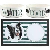 Purely Home Border Collie Pet Mat, Food & Water Bowl Set