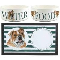 Bulldog Dog Bowls & Mat Set - Large White Ceramic Food & Water Dish Gifts