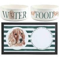 Cocker Spaniel Pet Bowls & Mat Set - Painted Dog Portraits by Rhiannon Chauncey - Large White Ceramic Food & Water Dishes and Non-Slip Rubber Mat For Dogs (Set of 3)