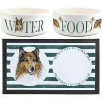 Collie Dog Bowls & Mat Set - Large White Ceramic Food & Water Dish Gifts