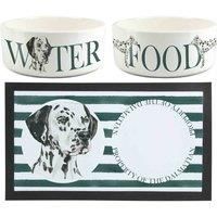 Dalmatian Pet Bowls & Mat Set - Painted Dog Portraits by Rhiannon Chauncey - Large White Ceramic Food & Water Dishes and Non-Slip Rubber Mat For Dogs (Set of 3)