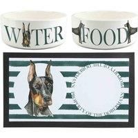 Dobermann Dog Bowls & Mat Set - Large White Ceramic Food & Water Dishes Gifts