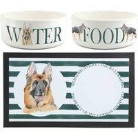 German Shepherd Bowls & Mat Set - Large White Ceramic Food/Water Dish Gift