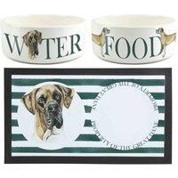 Great Dane Dog Bowls & Mat Set - Large White Ceramic Food/Water Dish Gift